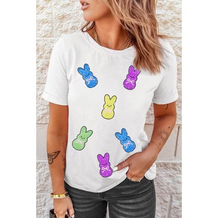 White Sequin Bow Bunny Doll Patched Easter Graphic Tee
