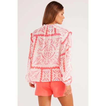 Desert Flower Vintage Print Smocked Poet Collar Billowy Blouson Sleeves Blouse