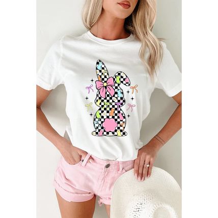 White Bowknot Checkerboard Bunny Graphic Easter T Shirt