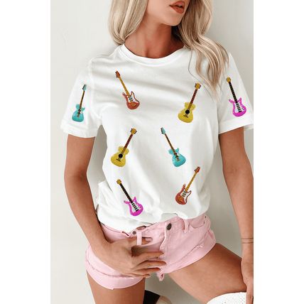 White Guitar Patched Graphic Crew Neck Tee