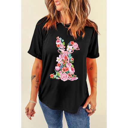 Black Floral Rabbit Graphic Easter Fashion Tee