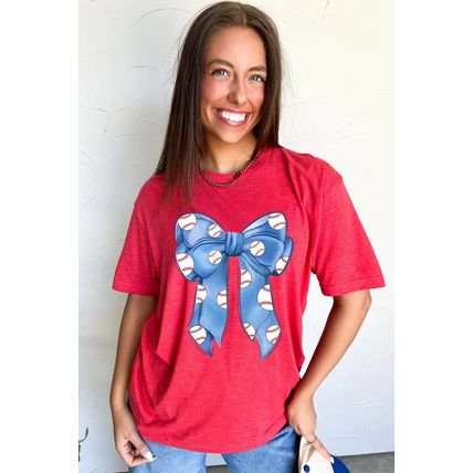Red Rugby Bowknot Graphic Crew Neck Tee