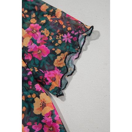 Rose Floral Print Mesh Stand Neck Short Sleeve Top