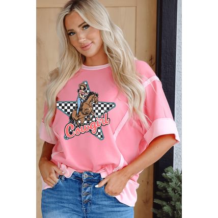 Peach Blossom Cowgirl Checkered Star Shape Print Exposed Seam T Shirt