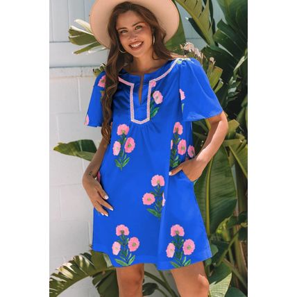 Blue Floral Short Sleeve Split Neck Loose Mini Dress
