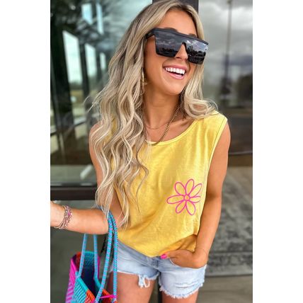 Yellow Cream Flower Graphic Casual Tank Top