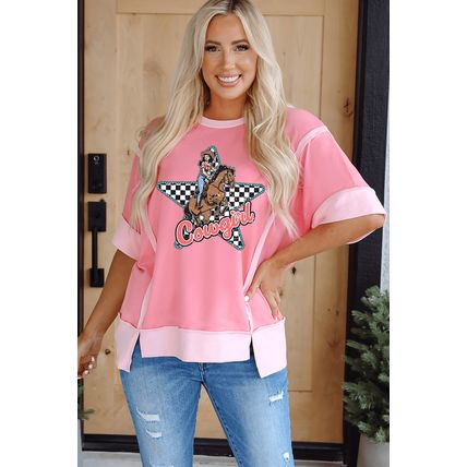 Peach Blossom Cowgirl Checkered Star Shape Print Exposed Seam T Shirt
