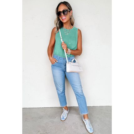 Sea Green Mineral Wash Patched Chest Pocket Casual Tank Top