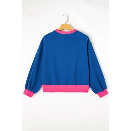 Blue Rugby Bowknot Graphic Game Day Contrast Trim Drop Shoulder Casual Sweatshir