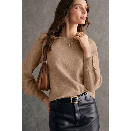 Camel Buttoned Bishop Sleeve Crew Neck Sweater