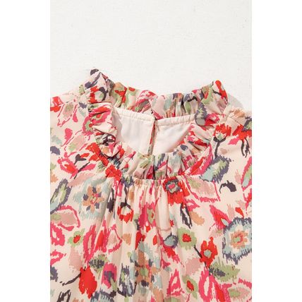 Multicolour Floral Print Frilled Neck Puff Sleeve High Waist Dress