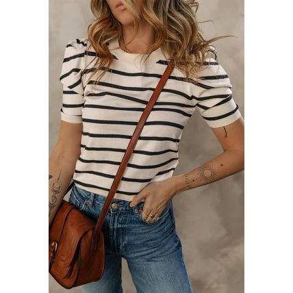 Black Stripe Ribbed Trim Round Neck Bubble Sleeve Knitted Top