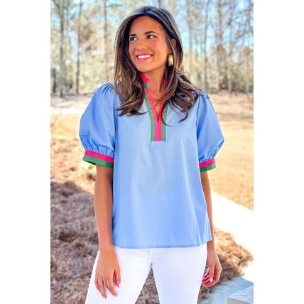 Sky Blue Contrast Striped V Neck Collision Short Puff Sleeve Blouse