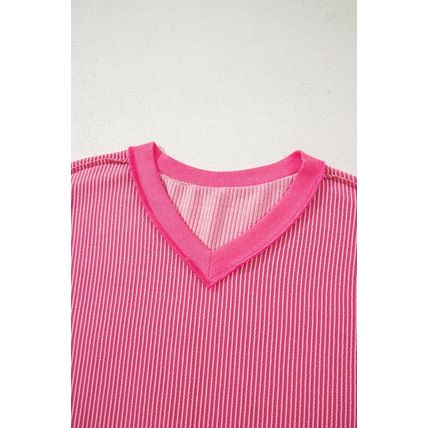 Rose Red Twisted Ribbed Knit V Neck Casual Tee