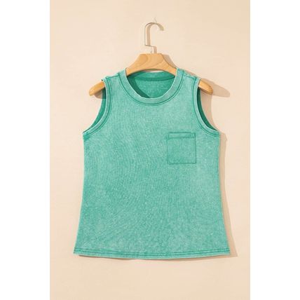 Sea Green Mineral Wash Patched Chest Pocket Casual Tank Top