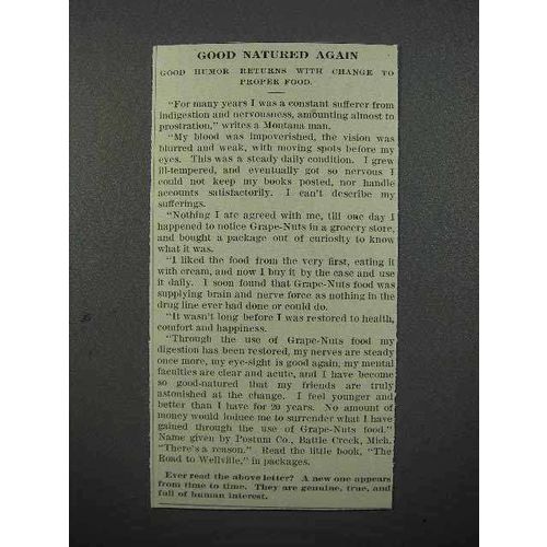 1913 Postum Grape-Nuts Cereal Ad - Good Natured Again