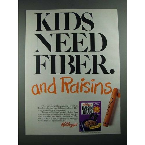 1987 Kellogg's Raisin Bran Cereal Ad - Kids Need Fiber and Raisins