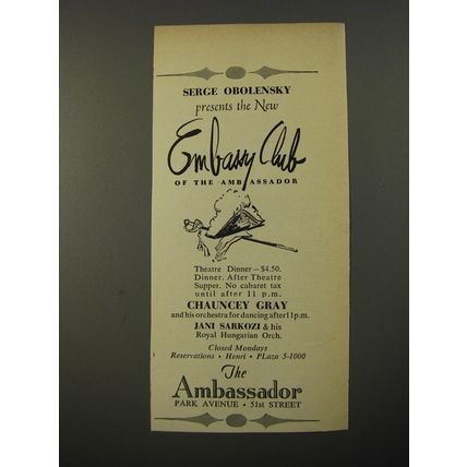 1954 The Ambassador Hotel Ad - Serge Obolensky presents the new embassy Club