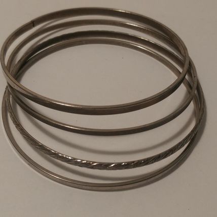 Silver Bangle Bracelets Mixed Set of 4 Flat and Rounded Bangle Bracelets 2-3/4"