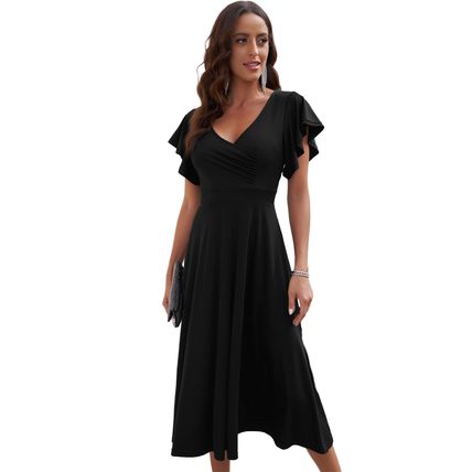 Black Ruffled Sleeve Wrap V Neck Midi Dress