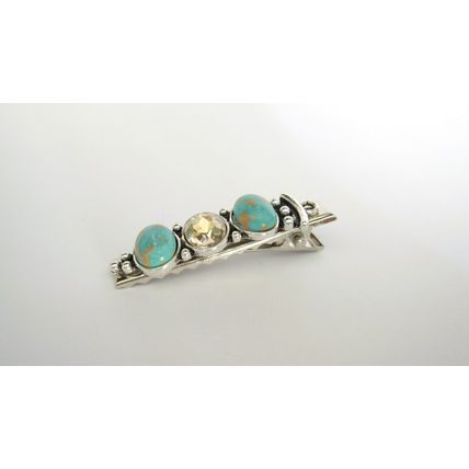 Small turquoise blue stone and crystal metal alligator hair clip medium thin