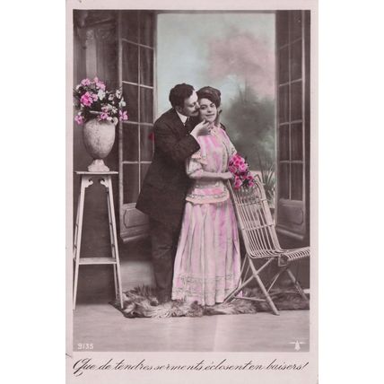Lovers Flirting On Real Fur Rug Secret Code Glamour Old Romantic Postcard