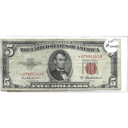 1953-A Red Seal $5.00 STAR NOTE! VF