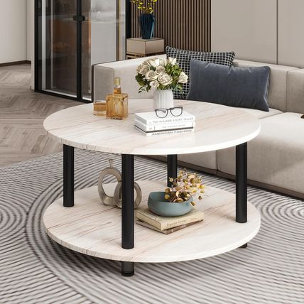 23.6" round Coffee Table, 2-Tier Small Circle Coffee Table with Storage, Modern