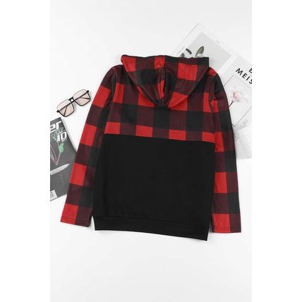 Black Contrast Buffalo Plaid Zip Pullover Hooded Top