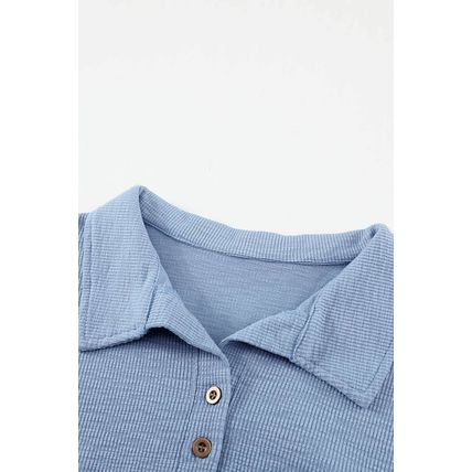 Sky Blue Button Front Turn-down Neck Knit Top