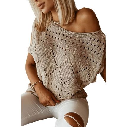 Khaki Pointelle Knit Short Dolman Sleeve Sweater Top