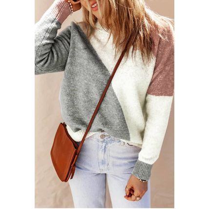 Gray Colorblock Ribbed Trim Round Neck Sweater