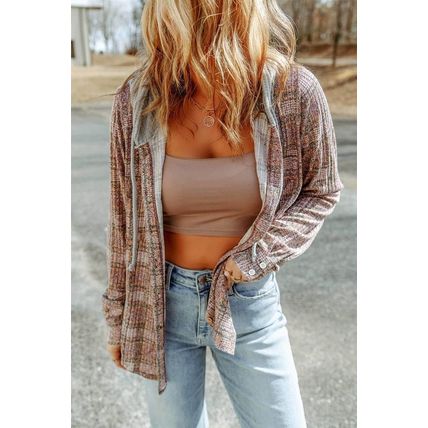 Purple Plaid Contrast Hooded Drawstring Shacket