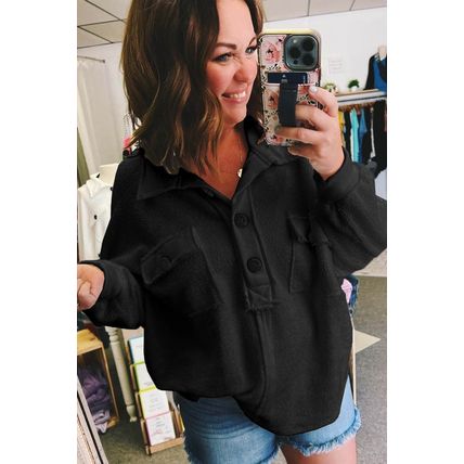 Black Plus Size Long Sleeve Flap Pocket Henley Top