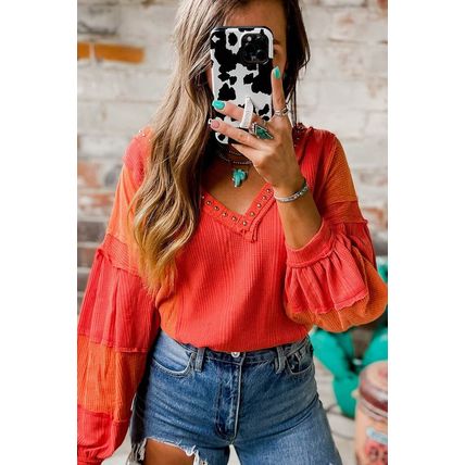 Red Studded V Neckline Exposed Seam Textured Knit Top
