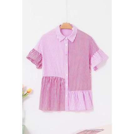 Pink Stripe Striped Patchwork Ruffled Hem Button up Shirt