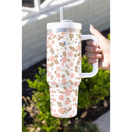 White Cute Flower Print Large Stainless Steel Tumbler 40oz