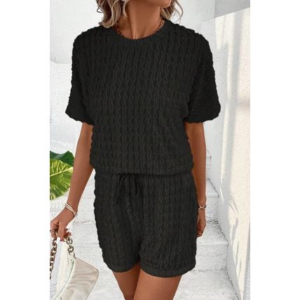 Black Frill Textured Short Sleeve Top and Drawstring Shorts Set