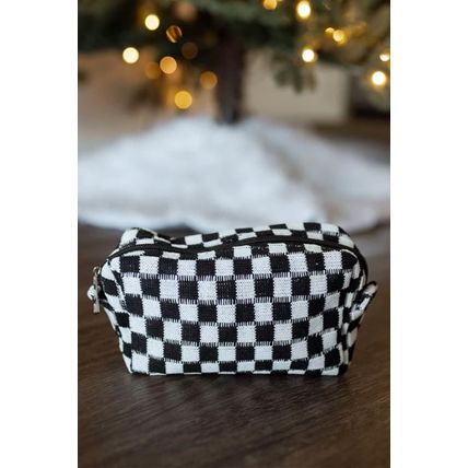 Black Checkered Knitted Zipper Makeup Bag