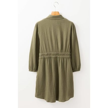 Jungle Green Textured Bracelet Sleeve Collared Button Up Dual Tied Mini Dress