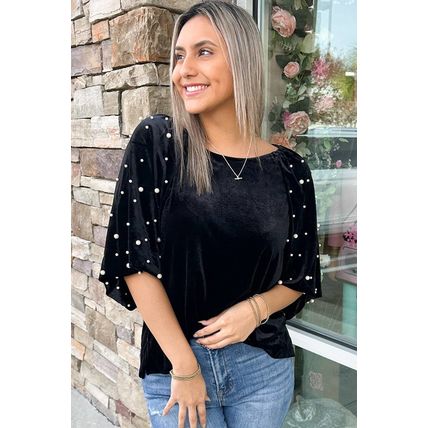 Black Pearl Beaded Half Sleeve Velvet Top