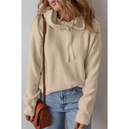 Beige Solid Color Drawstring Hooded Drop Shoulder Pullover Sweater