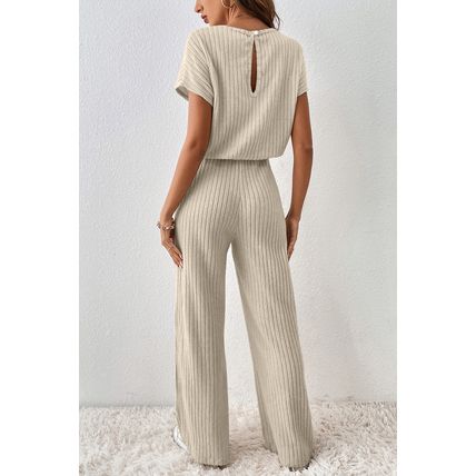 Oatmeal Ribbed Keyhole Short Sleeve Wide Leg Jumpsuit