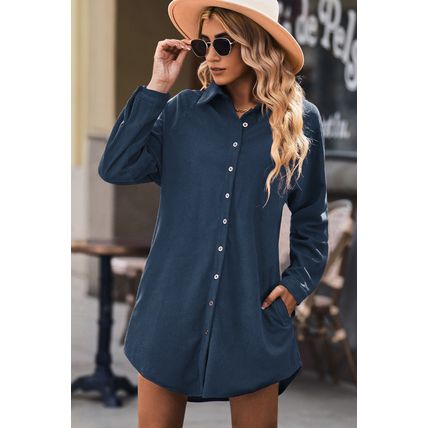 Blue Corduroy Shirt Style Full Button Long Sleeve Shift Mini Dress