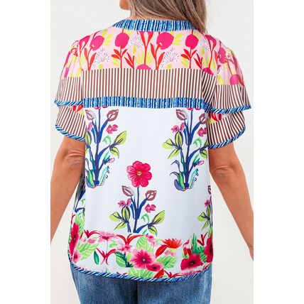 Pink Floral Striped Patchwork Short Sleeve Split Neck Blouse
