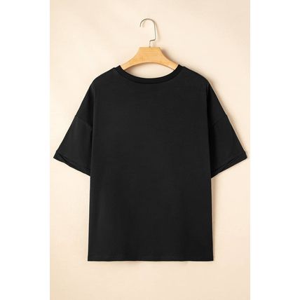 Black Sequin Rugby Football Patched Crewneck Loose T Shirt