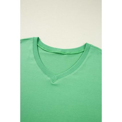 Mint Green Plus Size V Neck Tee Patched Pocket Drawstring Shorts Set