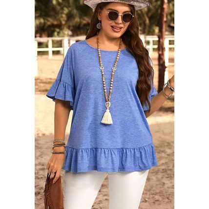 Dusk Blue Ruffled Short Sleeve Plus Size Casual Blouse