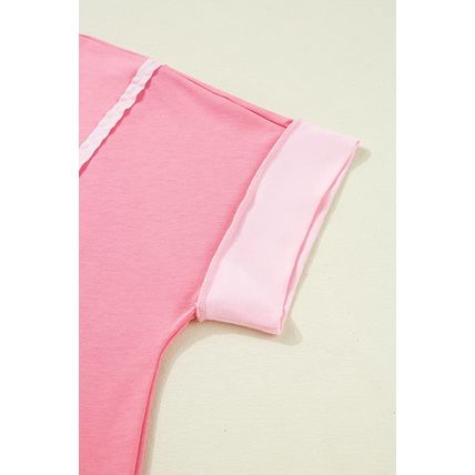 Peach Blossom Two Tones Patchwork Half Sleeve Plus Size T Shirt