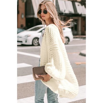 White Chunky Oversize Knit Drop Shoulder Puff Sleeve Cardigan